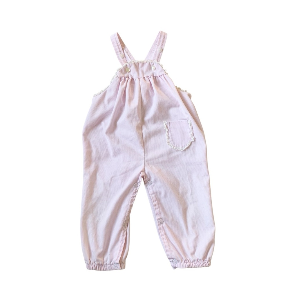 VINTAGE | Pink Striped Overalls with Lace Trim 24 Months